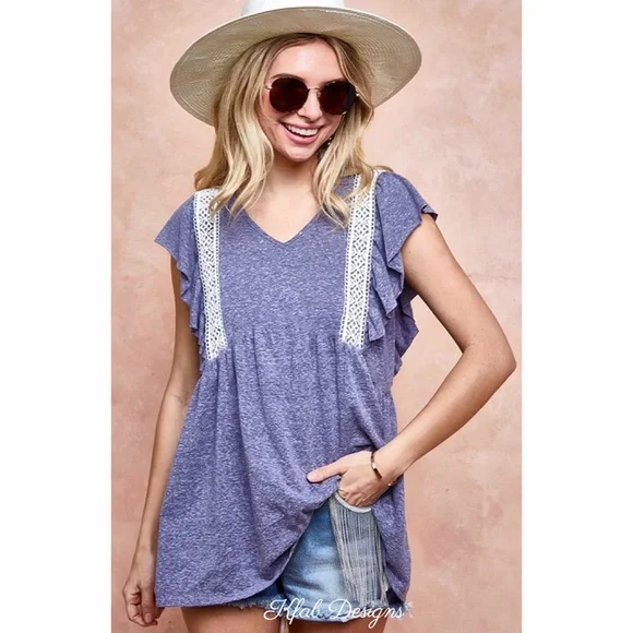 ❤️NEW! V Neck Tri Blend Soft Knit Top with Crochet Lace Detail! - Picture 4 of 10